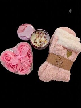 Pink Cozy Spa Gift Set with Rose Soaps, Rose Soy Candle, & Socks NWT